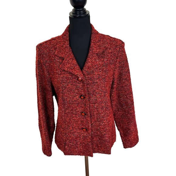 Vtg Red Womens Blazer XL 16 Tweed Knit Button Jacket USA Sag Harbor Rust - Picture 1 of 8
